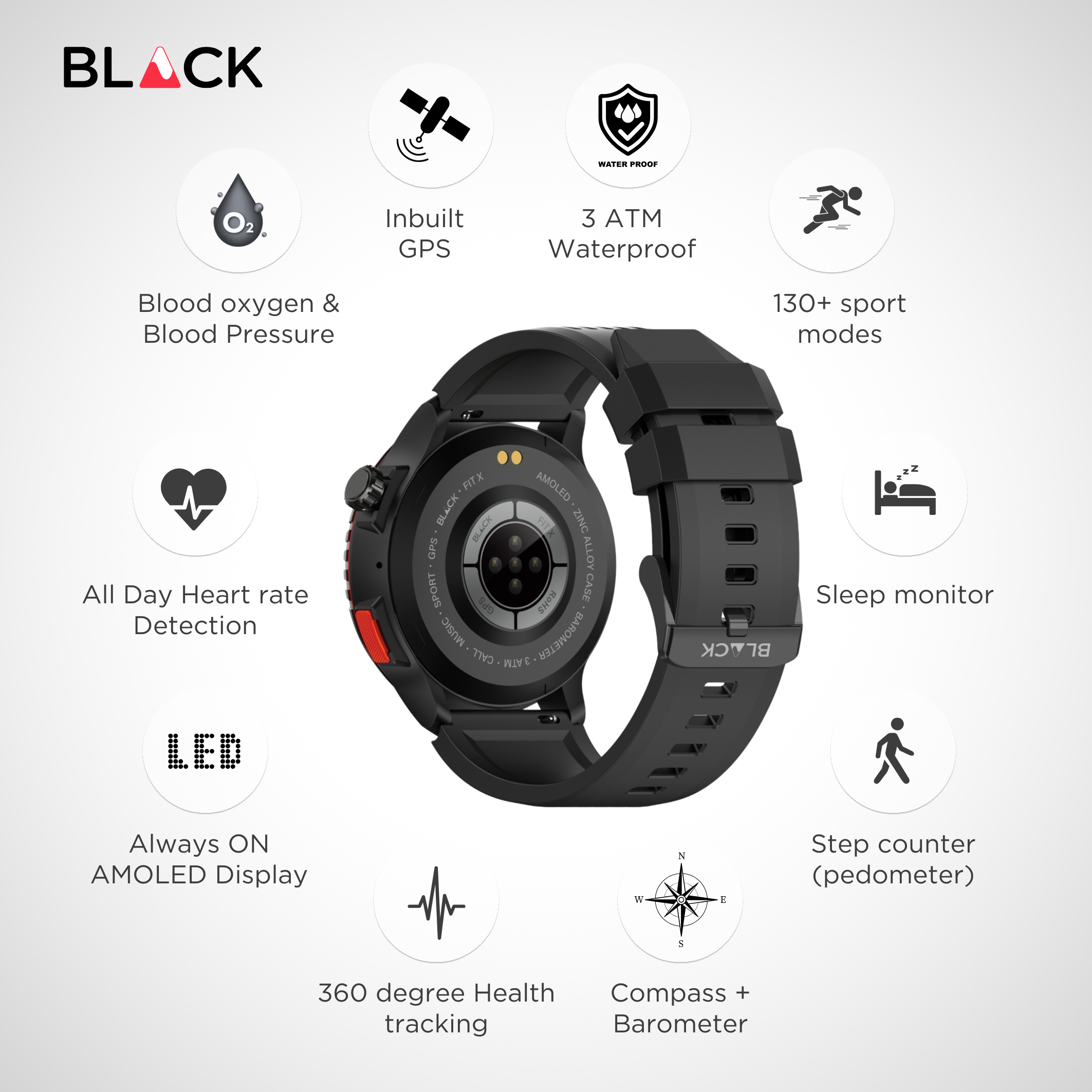 BLACK Fit X GPS Waterproof Health Monitor Smartwatch, Upto 15 Day battery, AMOLED Always ON screen, 1Yr Warranty BLACK Fit X GPS Waterproof Health Monitor Smartwatch, Upto 15 Day battery, AMOLED Always ON screen, 1Yr Warranty